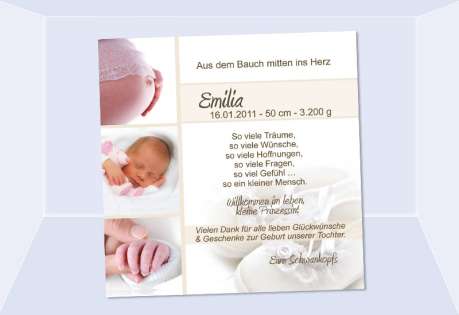 Danksagung Geburt "Emilia", Geburtskarte, 10x10 cm, creme