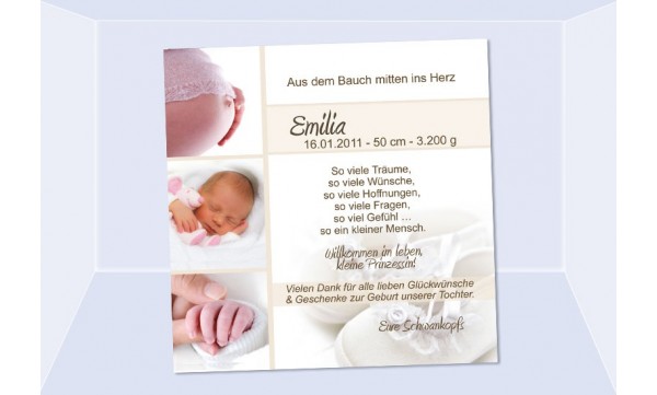 Danksagung Geburt "Emilia", Geburtskarte, 10x10 cm, creme