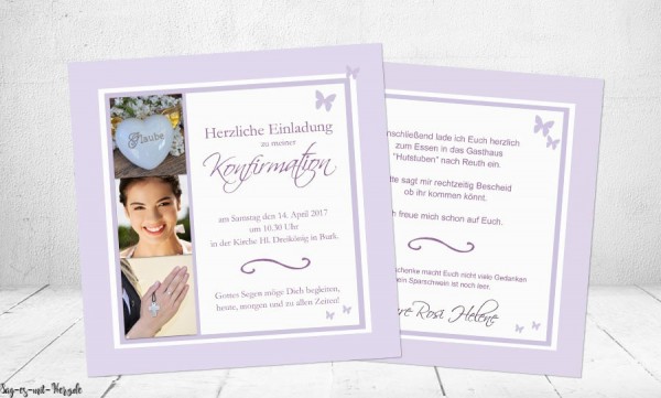 Einladungskarten Konfirmation Kommunion mit Foto flieder Schmetterling