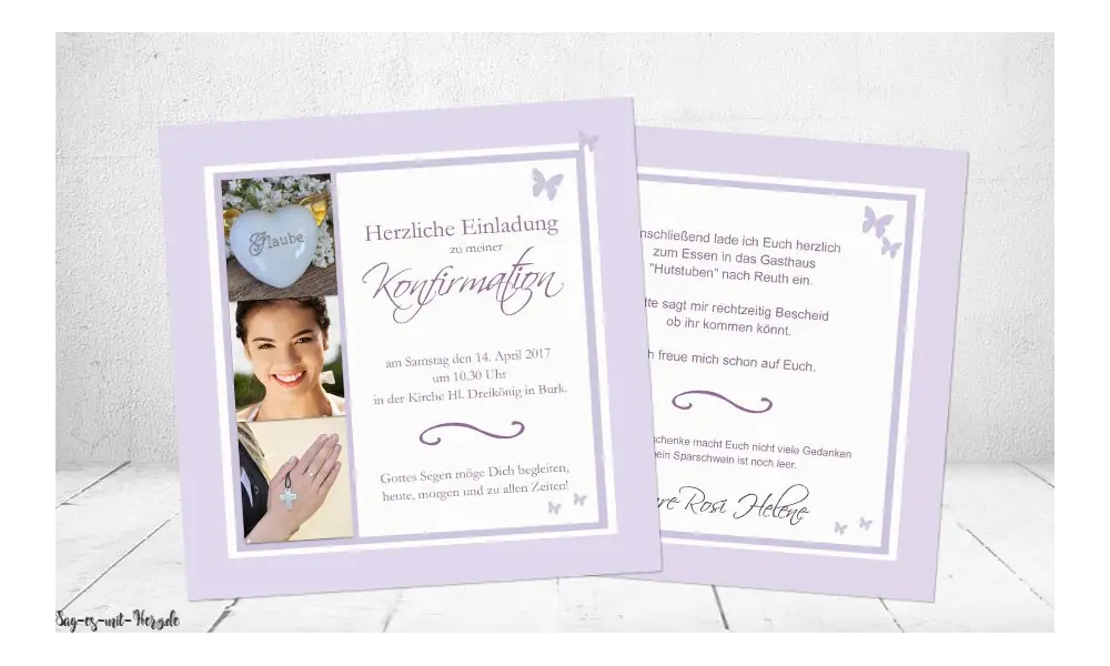 Einladungskarten Konfirmation Kommunion mit Foto flieder Schmetterling