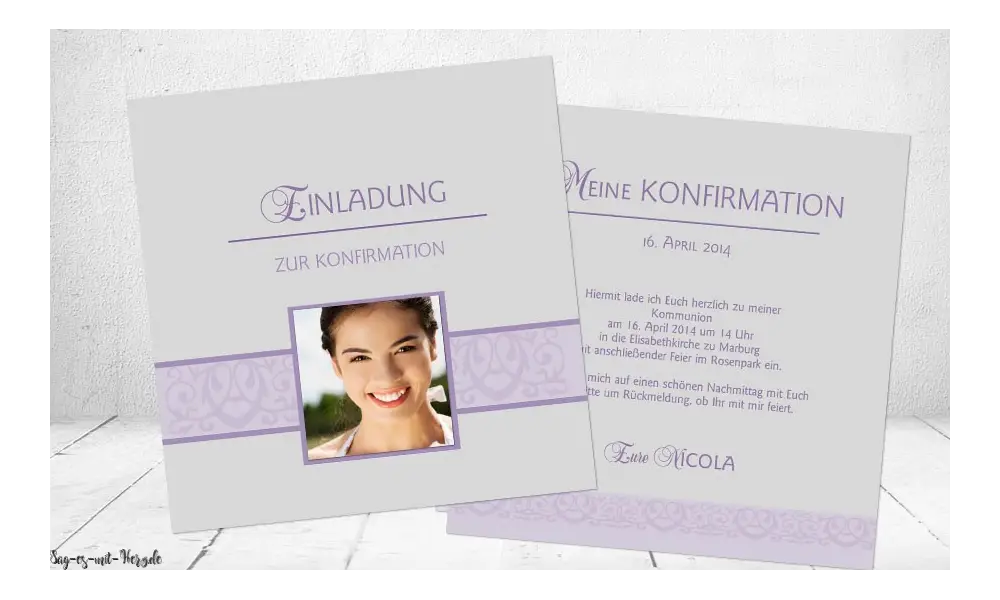 Einladungskarten Konfirmation Kommunion mit Foto flieder grau