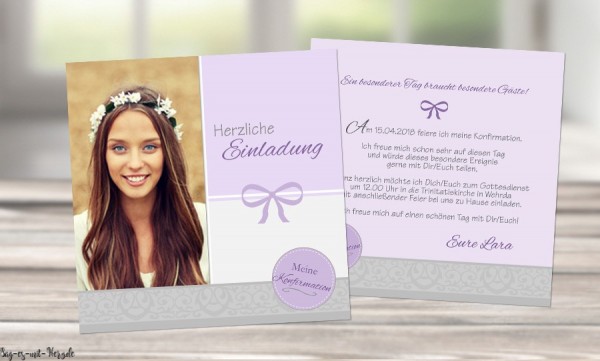 Einladungskarten Konfirmation Kommunion flieder lila Mädchen grau