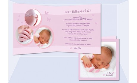 Geburtskarte "Lisa" Klappkarte 12,5x12,5 cm, rosa