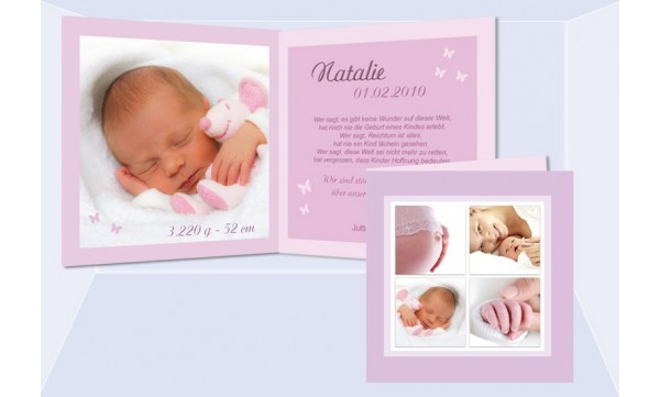 Geburtskarte "Natalie" Klappkarte 12,5x12,5 cm, rosa