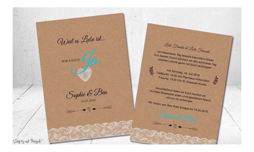 Vintage Kraftpapier Hochzeitseinladung rustical natural Spitze