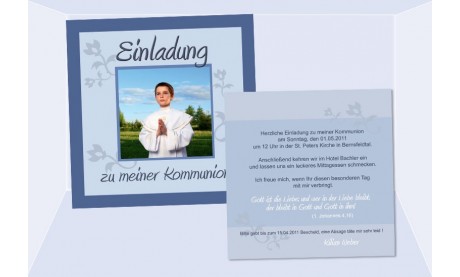 Einladung Kommunion / Konfirmation, Flachkarte 12,5x12,5 cm, blau