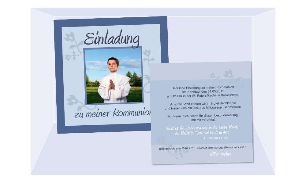 Einladung Kommunion / Konfirmation, Flachkarte 12,5x12,5 cm, blau