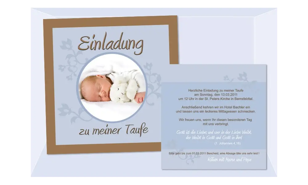 Einladung Taufe "Kilian", Taufeinladung, Flachkarte 12,5 x 12,5 cm