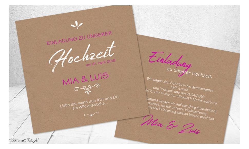 Einladungskarten Hochzeit rosa Kraftpapier