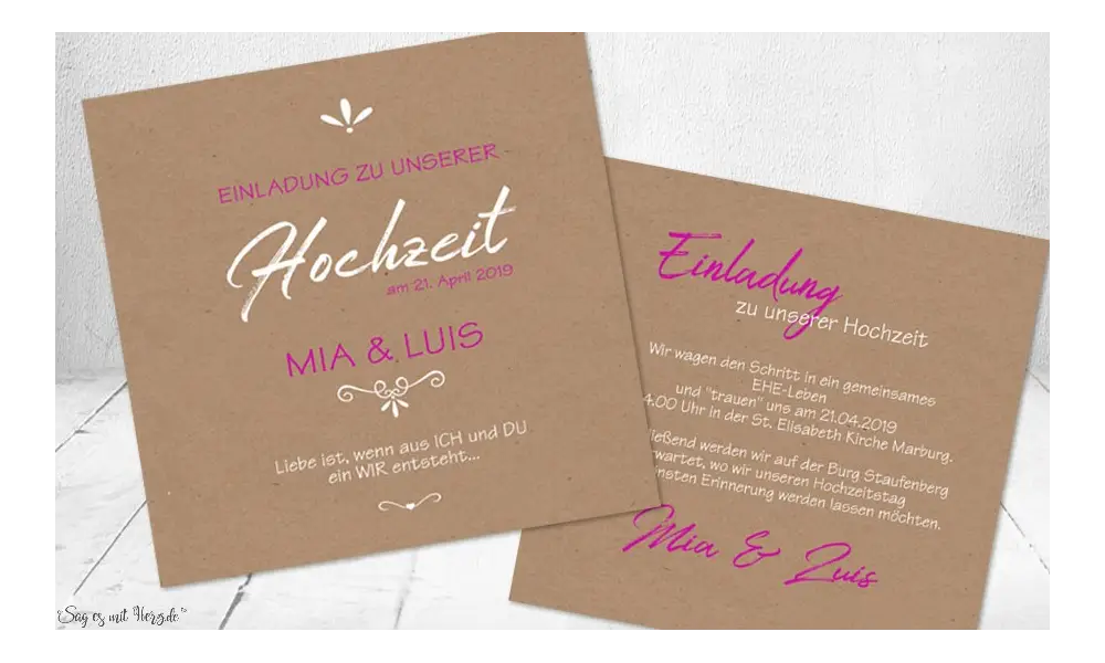 Einladungskarten Hochzeit rosa Kraftpapier