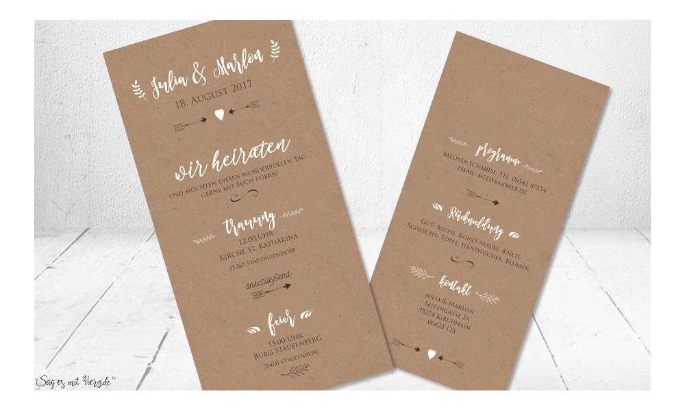 Einladungskarte Hochzeit Kraftpapier weiß