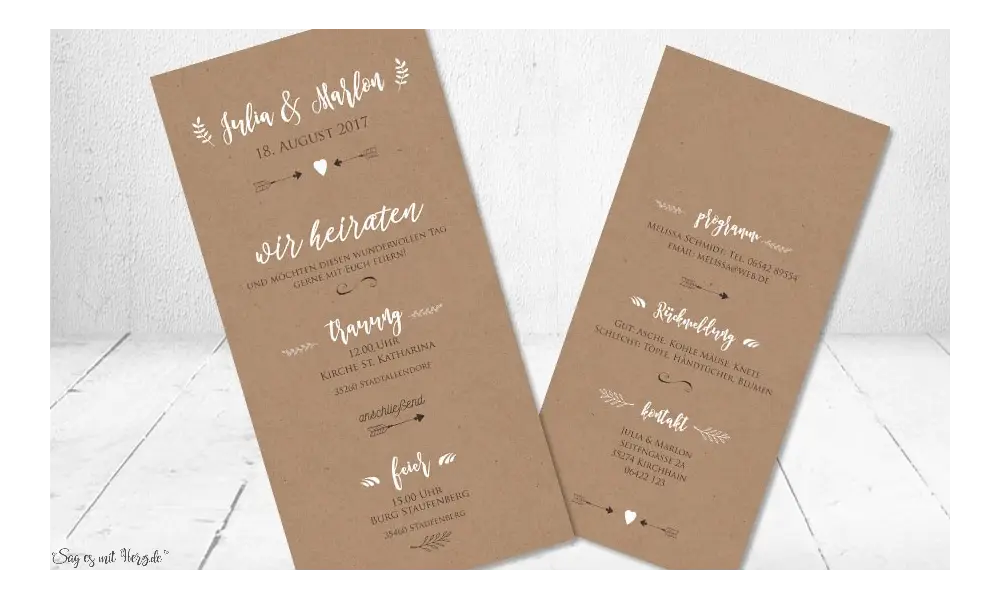 Einladungskarte Hochzeit Kraftpapier weiß