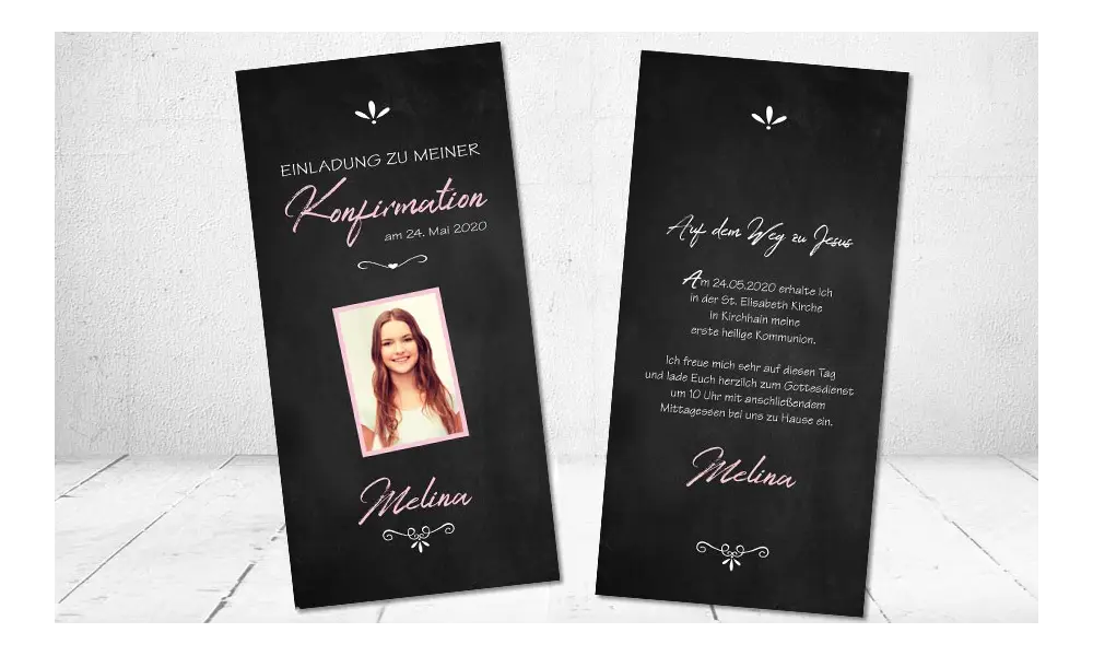 Moderne Einladungskarten Konfirmation Tafellook Tafelschrift schwarz rosa