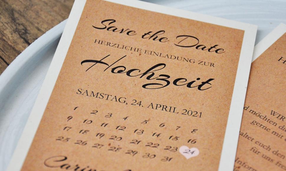 Save the Date Einladungskarten Hochzeit Kalender Kraftpapier rustikal