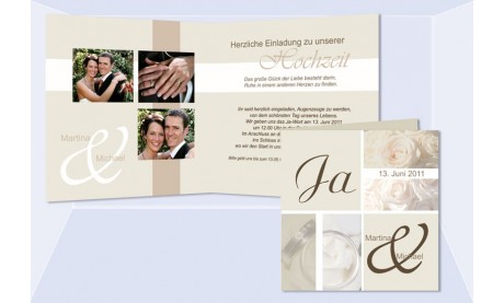 Hochzeitskarte, Einladung Hochzeit, Klappkarte Quadrat, creme