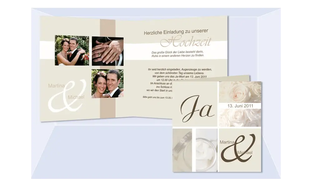 Hochzeitskarte, Einladung Hochzeit, Klappkarte Quadrat, creme