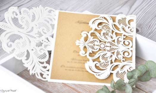 Einladungskarten Hochzeit gold weiß Lasercut Spitze