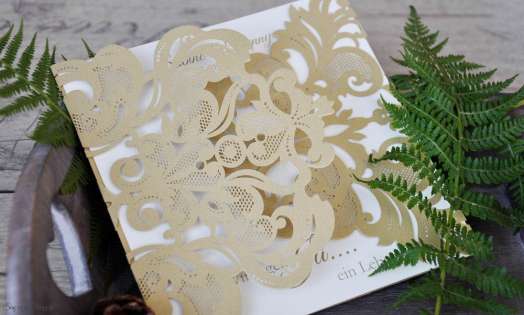 Einladungskarten Hochzeit gold weiß Lasercut Spitze