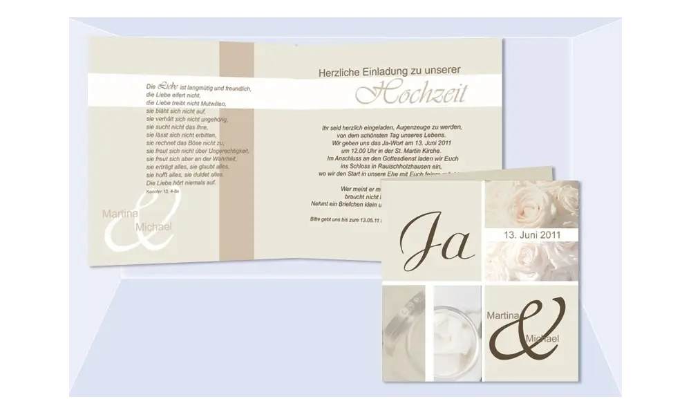 Hochzeitskarte, Einladung Hochzeit, Klappkarte Quadrat, creme