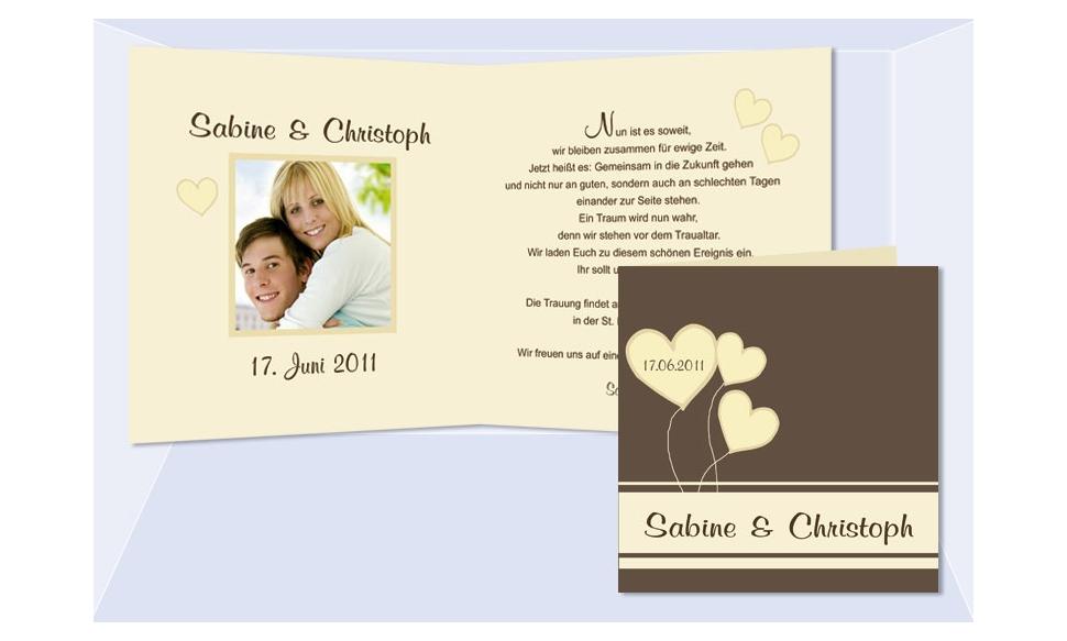 Einladungskarte Hochzeit "Herz", Klappkarte Quadrat, braun creme