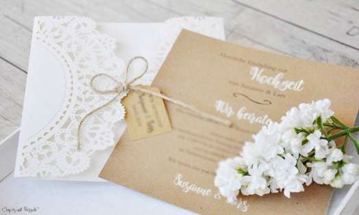 Einladungskarte Hochzeit Kraftpapier Spitze Lasercut diy