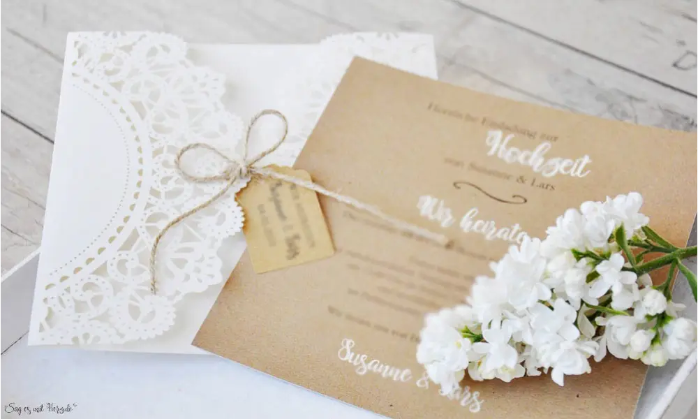 Einladungskarte Hochzeit Kraftpapier Spitze Lasercut diy
