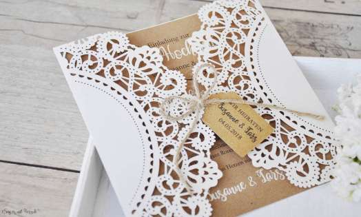 Einladungskarte Hochzeit Kraftpapier Spitze Lasercut diy