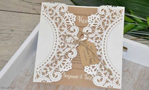 Einladungskarte Hochzeit Kraftpapier Spitze Lasercut diy