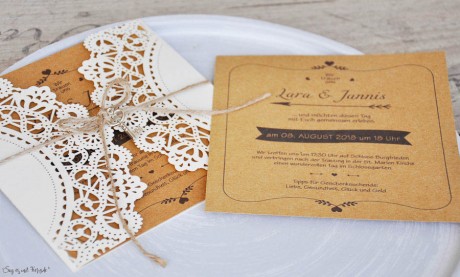 Einladungskarte Hochzeit Kraftpapier Spitze Lasercut diy