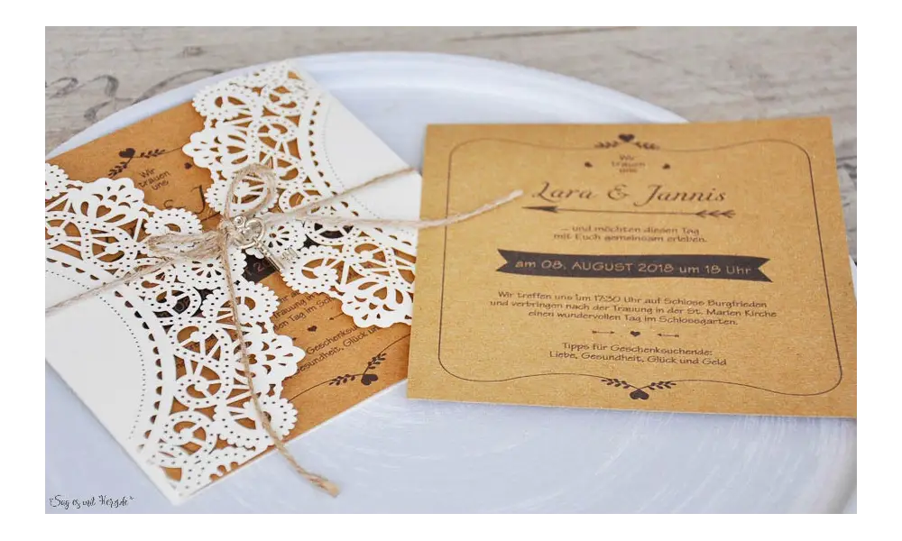 Einladungskarte Hochzeit Kraftpapier Spitze Lasercut diy