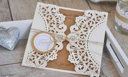 Einladungskarte Hochzeit Kraftpapier Spitze Lasercut diy