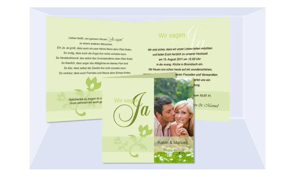 Einladungskarte Hochzeit "Blütenfrisch", Klappkarte Quadrat, grün