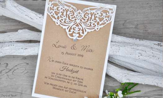 Edle Einladungskarten Hochzeit Kraftpapier Spitze Lasercut Strassstein