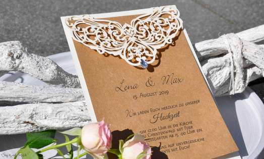 Edle Einladungskarten Hochzeit Kraftpapier Spitze Lasercut Strassstein