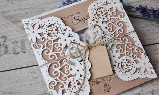 Einladung Hochzeit Vintage Lasercut Spitze Kraftpapier diy Blumen