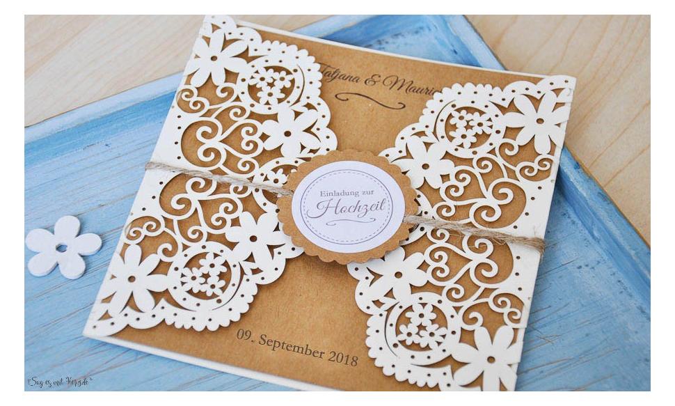 Einladung Hochzeit Vintage Lasercut Spitze Kraftpapier diy Blumen