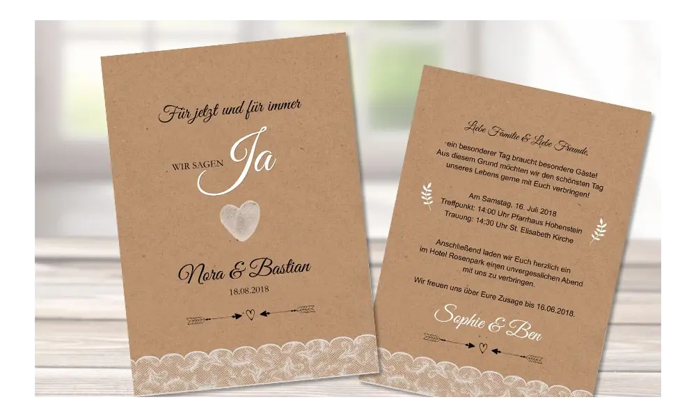 Vintage Kraftpapier Hochzeitseinladung rustical natural Spitze