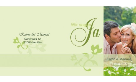Einladungskarte Hochzeit "Blütenfrisch", Klappkarte Quadrat, grün