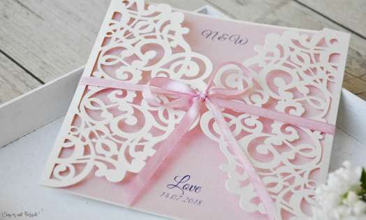 Rosa Lasercut Hochzeitseinladung rosa Spitze Vintage diy