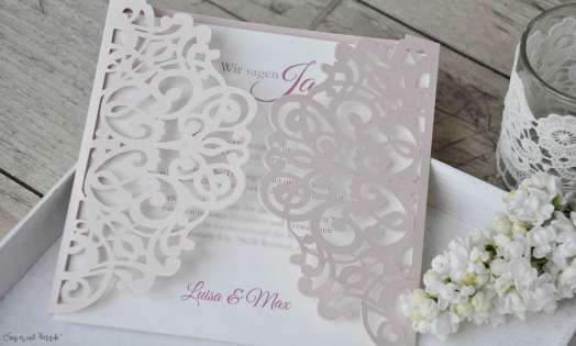 Rosa Lasercut Hochzeitseinladung rosa Spitze Vintage diy