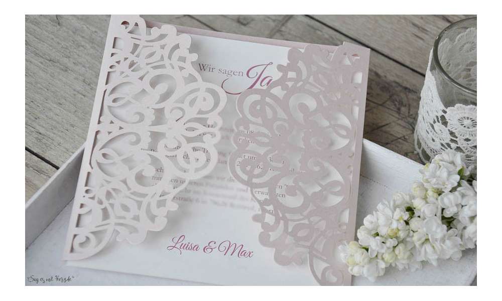 Rosa Lasercut Hochzeitseinladung rosa Spitze Vintage diy