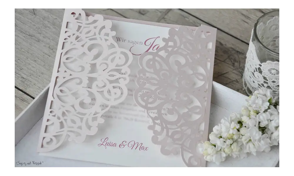 Rosa Lasercut Hochzeitseinladung rosa Spitze Vintage diy