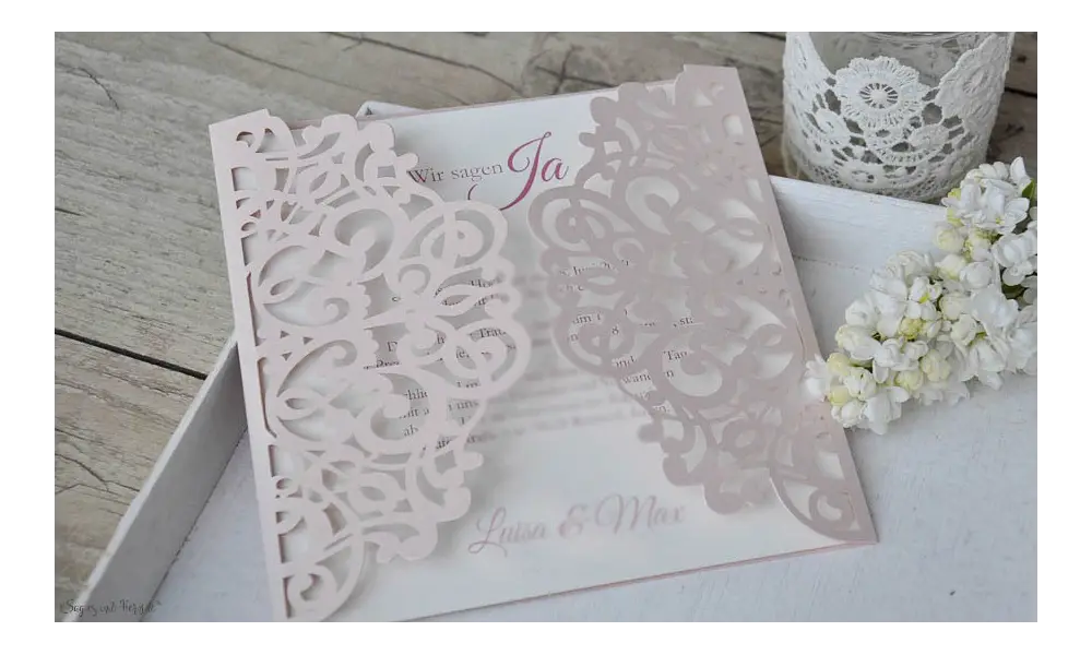 Rosa Lasercut Hochzeitseinladung rosa Spitze Vintage diy