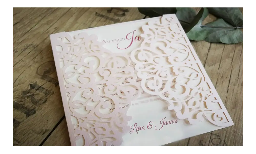 Rosa Lasercut Hochzeitseinladung rosa Spitze Vintage diy