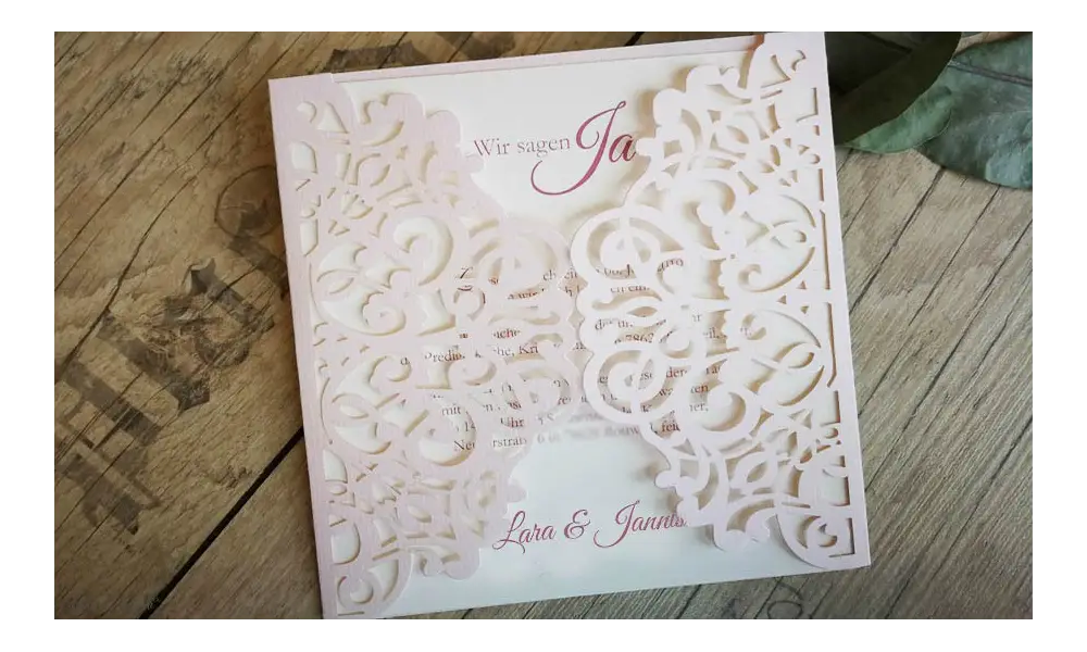 Rosa Lasercut Hochzeitseinladung rosa Spitze Vintage diy