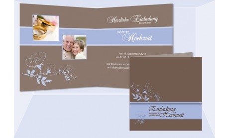 Einladungskarte Goldene Hochzeit "Klassik", Klappkarte Quadrat, braun hellblau
