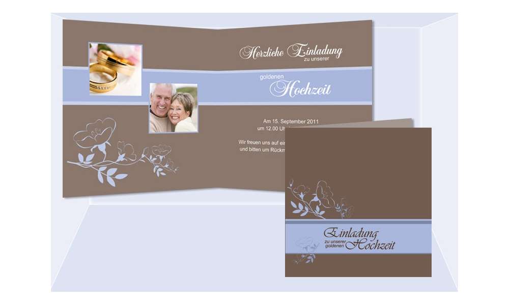 Einladungskarte Goldene Hochzeit "Klassik", Klappkarte Quadrat, braun hellblau Einladungskarte Goldene Hochzeit "Klassik", Klappkarte Quadrat, braun hellblau