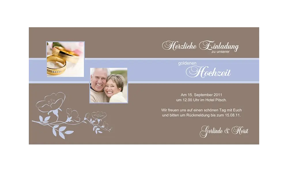 Einladungskarte Goldene Hochzeit "Klassik", Klappkarte Quadrat, braun hellblau