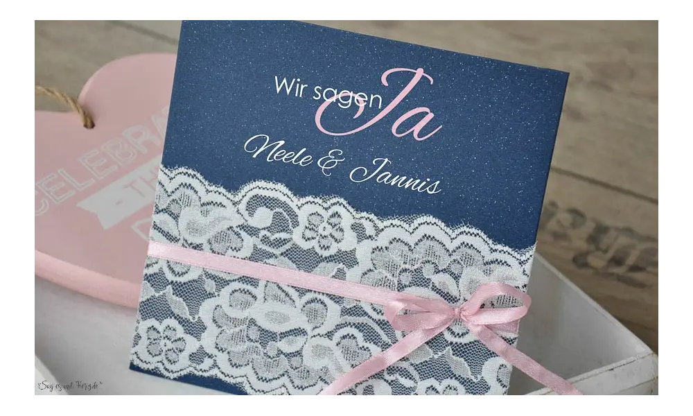 Einladungskarten Hochzeit Spitze weiß Vintage rosa blau