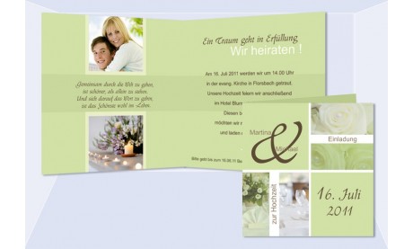 Einladungskarte Hochzeit "Stilvoll", Klappkarte Quadrat, grün
